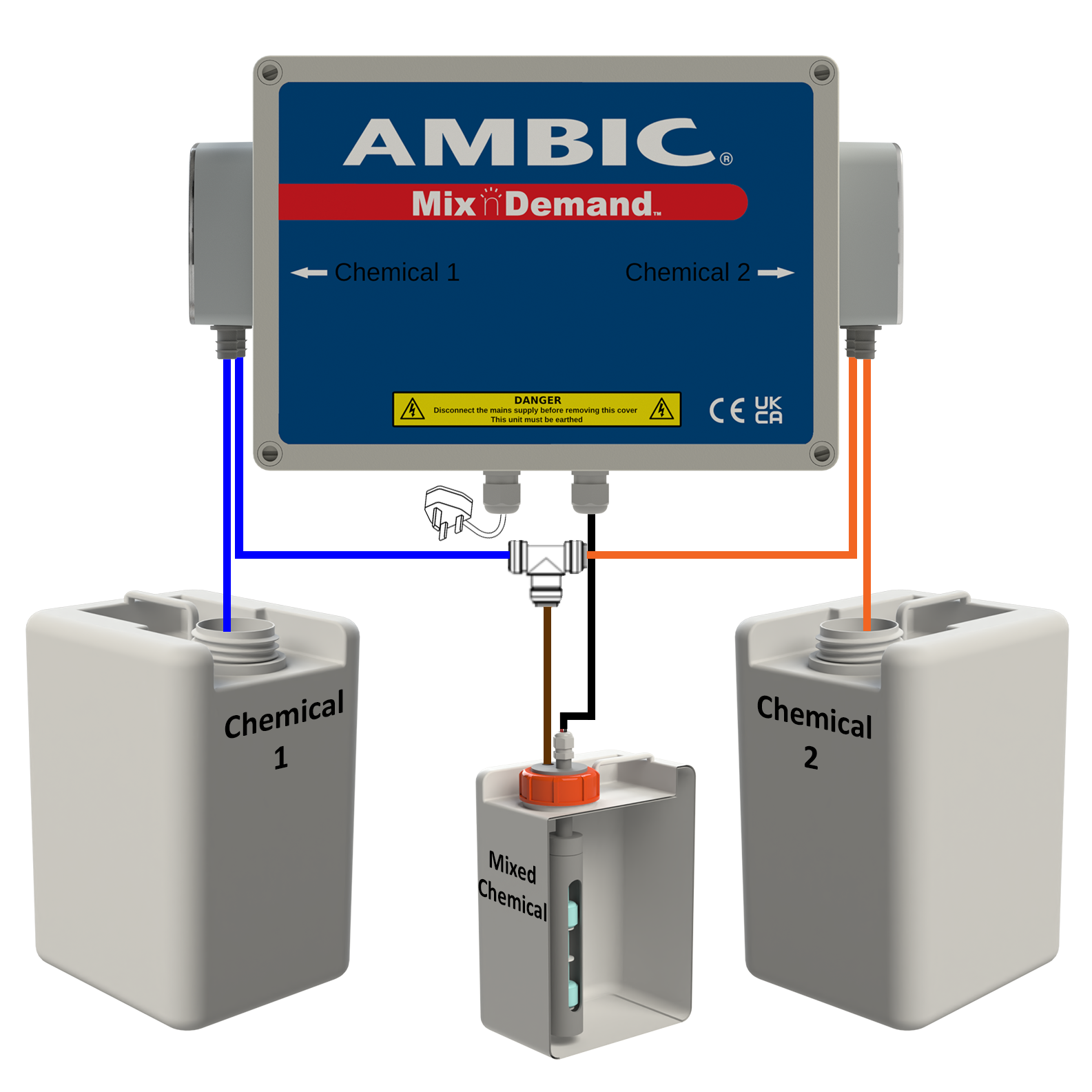 MDE/003-2LV - Mix’n’Demand system with 2 Low-Volume Pumps, Float switch assembly and the mixed chemical container.